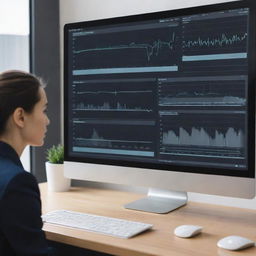 Generate an image of a modern computer monitor, displaying various graphs and metrics related to performance evaluation, possibly split-screen with a live dynamic process going on.