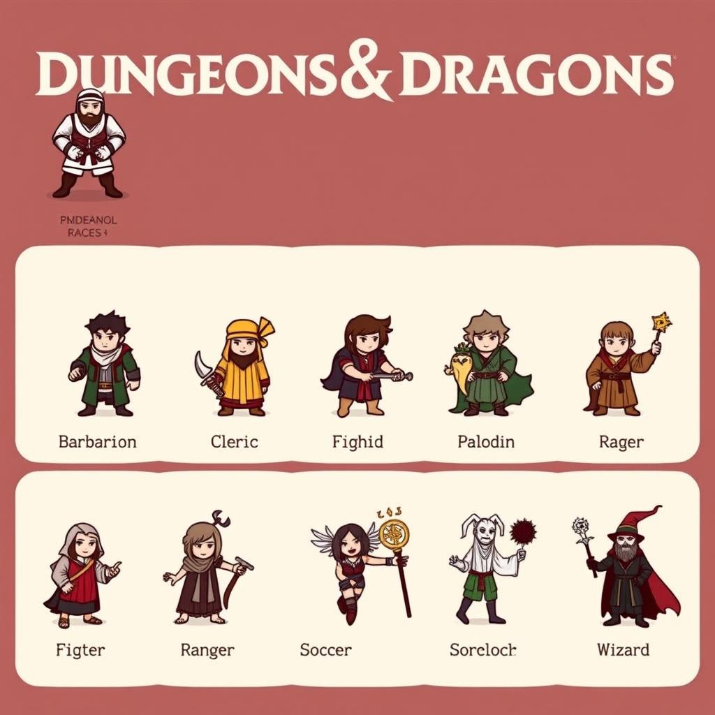 A cool, whimsical design showcasing twelve icons, each representing a different Dungeons & Dragons class with various races, organized in columns