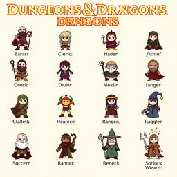 A cool, whimsical design showcasing twelve icons, each representing a different Dungeons & Dragons class with various races, organized in columns