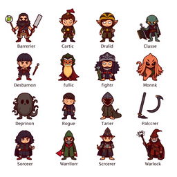 A cool, whimsical design showcasing twelve icons, each representing a different Dungeons & Dragons class with various races, organized in columns