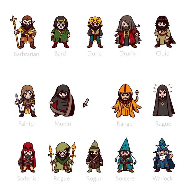 A cool, whimsical design showcasing twelve icons, each representing a different Dungeons & Dragons class with various races, organized in columns