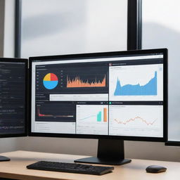 Generate an image of a modern computer monitor, displaying various graphs and metrics related to performance evaluation, possibly split-screen with a live dynamic process going on.