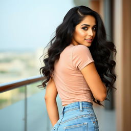 A stunning Arab woman with long, wavy hair, wearing a tight t-shirt and jeans, posed from a side view