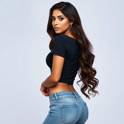 A stunning Arab woman with long, wavy hair, wearing a tight t-shirt and jeans, posed from a side view