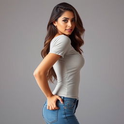 A stunning Arab woman with long, wavy hair, wearing a tight t-shirt and jeans, posed from a side view