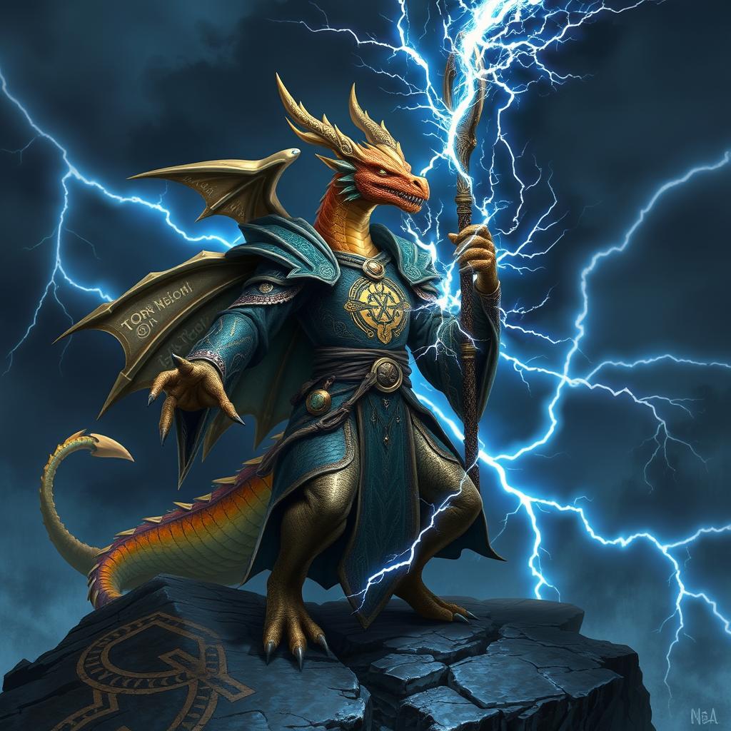 A powerful Dragonborn wizard, standing in a dynamic pose without a tail or wings, casting an impressive electric spell