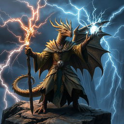 A powerful Dragonborn wizard, standing in a dynamic pose without a tail or wings, casting an impressive electric spell