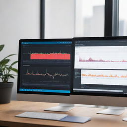 Generate an image of a modern computer monitor, displaying various graphs and metrics related to performance evaluation, possibly split-screen with a live dynamic process going on.