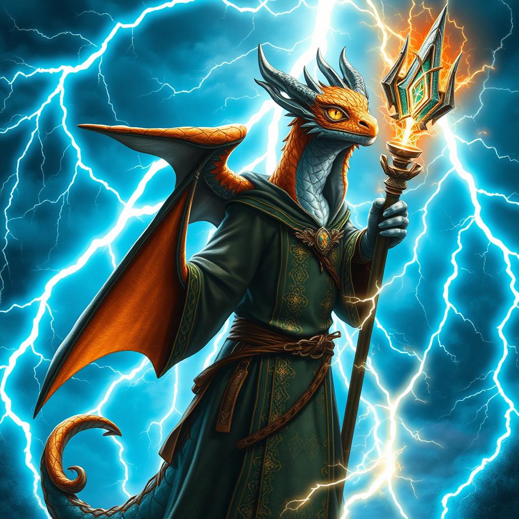 A striking 27-year-old Dragonborn wizard, posed confidently without a tail or wings, surrounded by arcs of electric energy