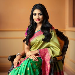 A graceful woman with an attractive figure, sitting elegantly on a chair, dressed in a traditional saree