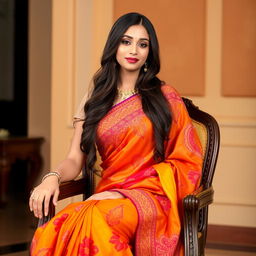 A graceful woman with an attractive figure, sitting elegantly on a chair, dressed in a traditional saree