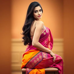 A graceful woman with an attractive figure, sitting elegantly on a chair, dressed in a traditional saree