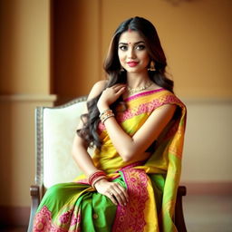 A graceful woman with an attractive figure, sitting elegantly on a chair, dressed in a traditional saree