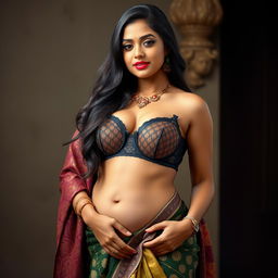 A stunningly attractive Indian girl with a voluptuous figure, depicted in a traditional saree paired with a uniquely styled, sexy bra