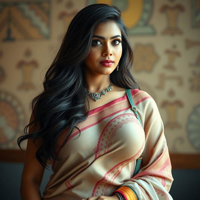 A stunningly attractive Indian girl with a voluptuous figure, depicted in a traditional saree paired with a uniquely styled, sexy bra