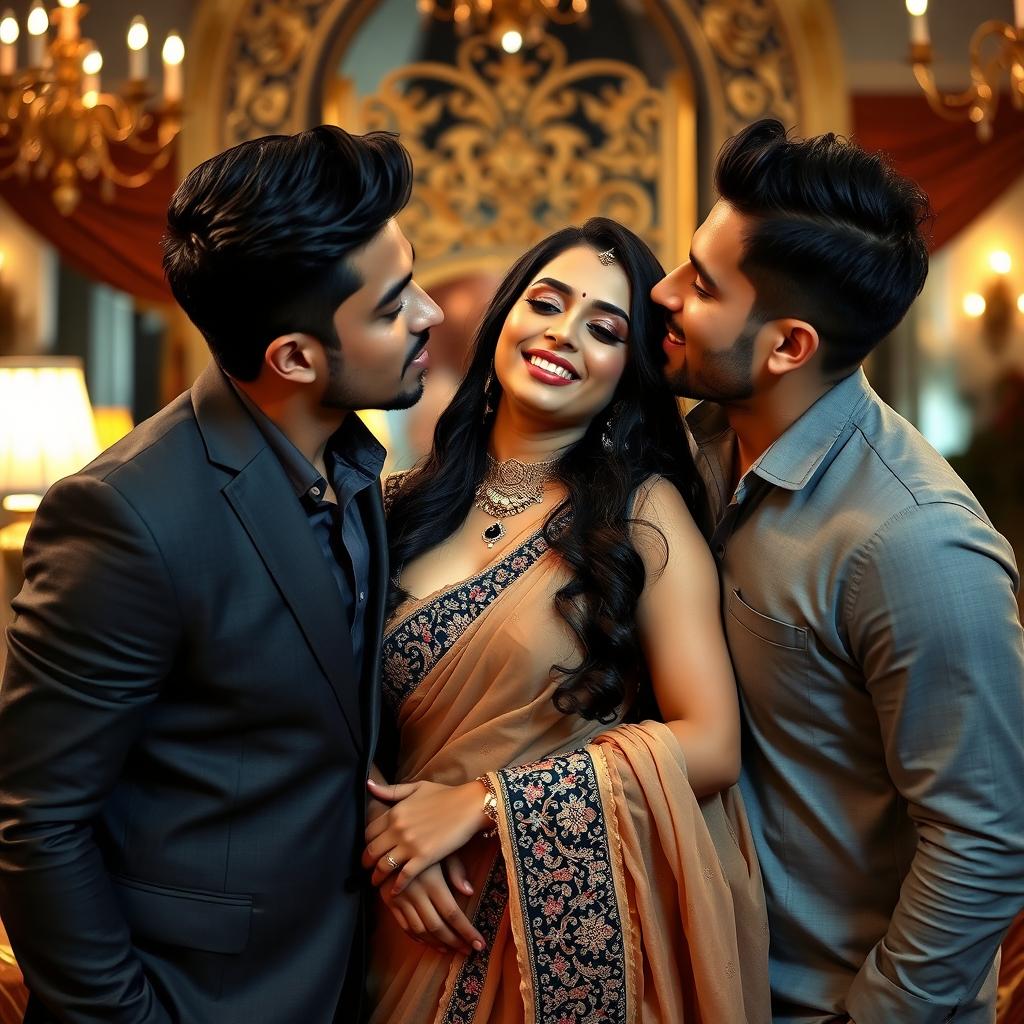 A beautiful Indian woman in a sexy pose, engaging in a playful and intimate kiss on the cheek with two handsome men