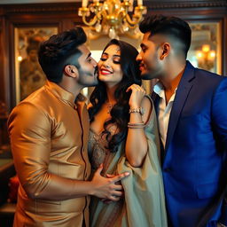 A beautiful Indian woman in a sexy pose, engaging in a playful and intimate kiss on the cheek with two handsome men