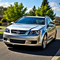 A realistic depiction of a silver 2009 Holden Commodore wagon parked on a suburban street with clear skies and sunlight reflecting off its polished silver paint