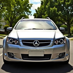 A realistic depiction of a silver 2009 Holden Commodore wagon parked on a suburban street with clear skies and sunlight reflecting off its polished silver paint