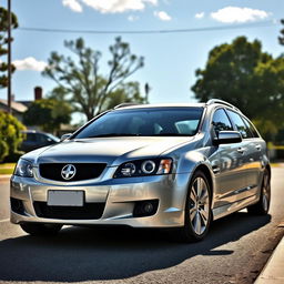 A realistic depiction of a silver 2009 Holden Commodore wagon parked on a suburban street with clear skies and sunlight reflecting off its polished silver paint