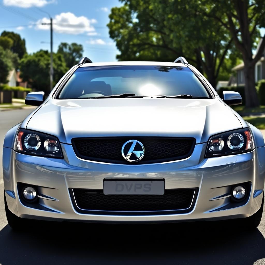 A realistic depiction of a silver 2009 Holden Commodore wagon parked on a suburban street with clear skies and sunlight reflecting off its polished silver paint