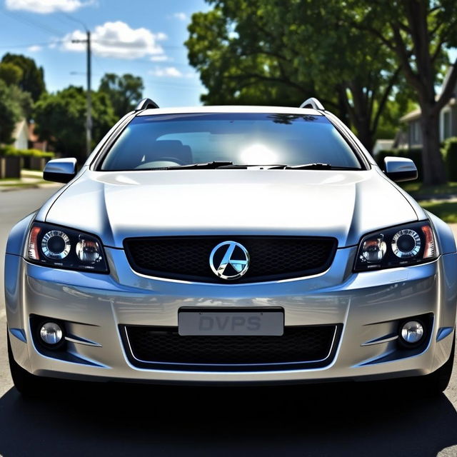 A realistic depiction of a silver 2009 Holden Commodore wagon parked on a suburban street with clear skies and sunlight reflecting off its polished silver paint