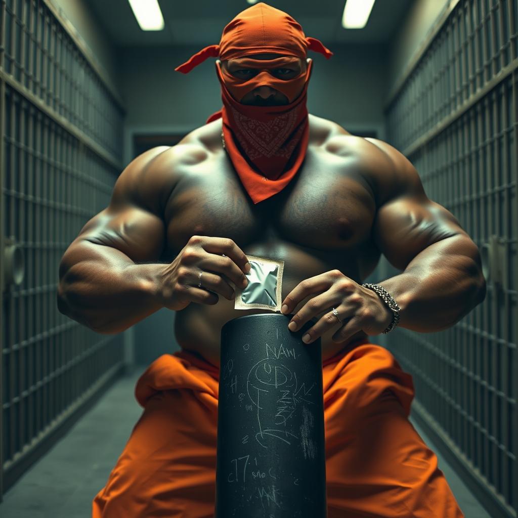 a large muscular African American gang member in a prison setting