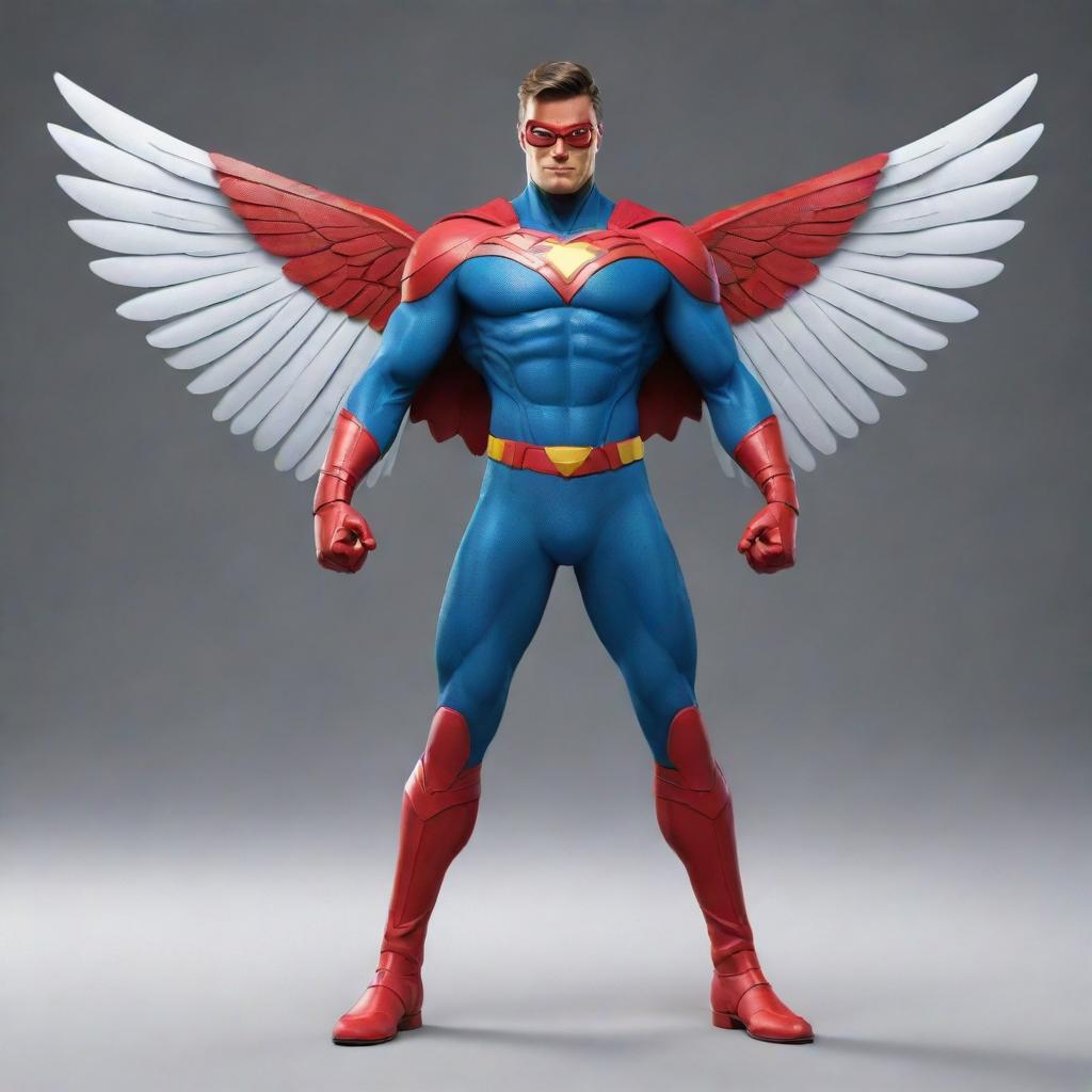 A handsome superhero character unique in design, sporting multidimensional, 4D wings