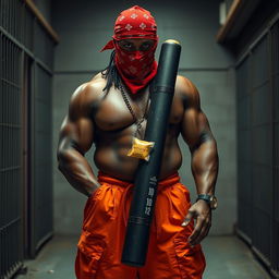 a large muscular African American gang member in a prison environment