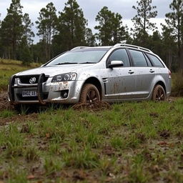 A realistic depiction of a silver 2009 Holden Commodore Omega wagon bogged down in soft, muddy grass, the wheels partially submerged in the mud, capturing the struggle of the vehicle to move