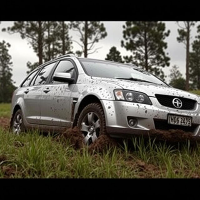 A realistic depiction of a silver 2009 Holden Commodore Omega wagon bogged down in soft, muddy grass, the wheels partially submerged in the mud, capturing the struggle of the vehicle to move