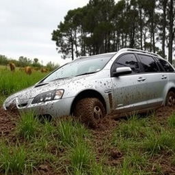 A realistic depiction of a silver 2009 Holden Commodore Omega wagon bogged down in soft, muddy grass, the wheels partially submerged in the mud, capturing the struggle of the vehicle to move