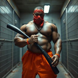 a large muscular African American gang member inside a prison, exuding strength and confidence