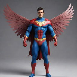 A handsome superhero character unique in design, sporting multidimensional, 4D wings