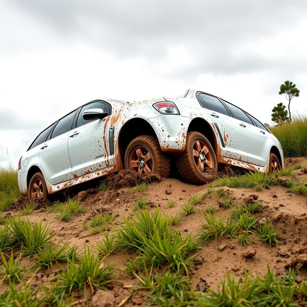 A realistic picture of a white 2009 Holden Commodore Omega wagon bogged down in soft, muddy grass