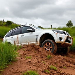 A realistic picture of a white 2009 Holden Commodore Omega wagon bogged down in soft, muddy grass