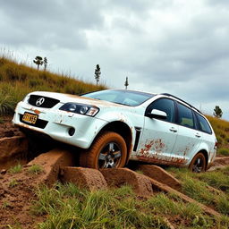 A realistic picture of a white 2009 Holden Commodore Omega wagon bogged down in soft, muddy grass