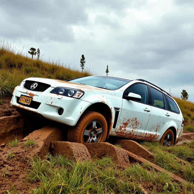 A realistic picture of a white 2009 Holden Commodore Omega wagon bogged down in soft, muddy grass