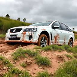 A realistic picture of a white 2009 Holden Commodore Omega wagon bogged down in soft, muddy grass