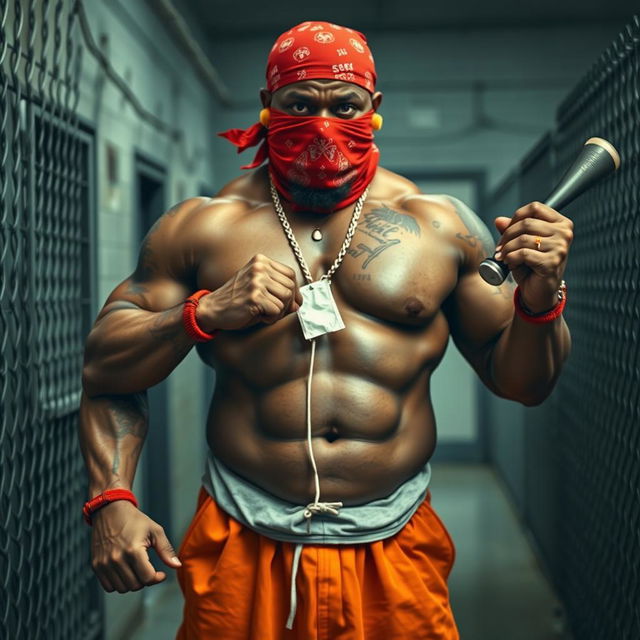 a large muscular African American gang member exuding strength and confidence within a gritty prison environment