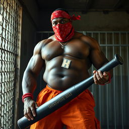 a large muscular African American gang member exuding strength and confidence within a gritty prison environment