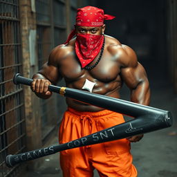 a large muscular African American gang member exuding strength and confidence within a gritty prison environment