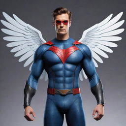 A handsome superhero character unique in design, sporting multidimensional, 4D wings