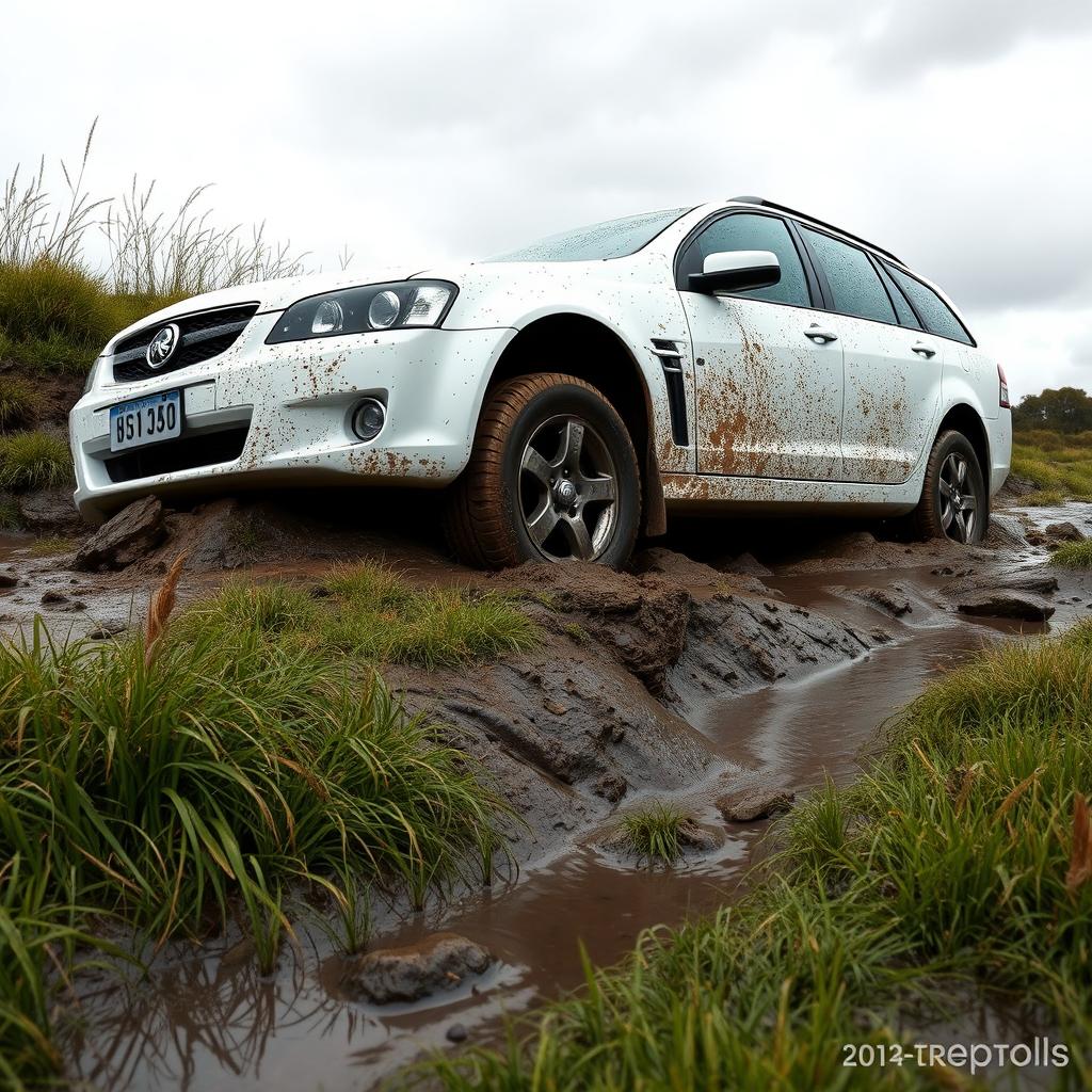 A realistic visualization of a white 2009 Holden Commodore Omega wagon stuck and bogged down in soft, wet, muddy grass