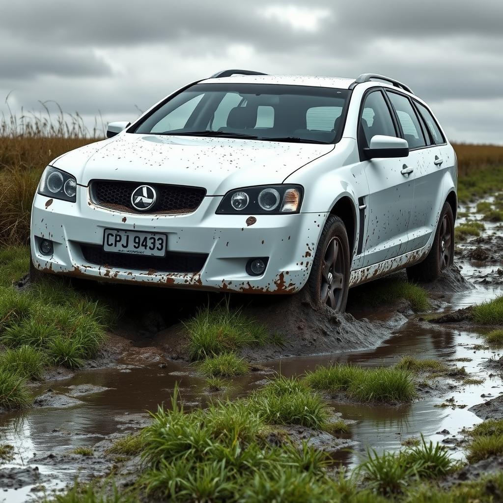 A realistic visualization of a white 2009 Holden Commodore Omega wagon stuck and bogged down in soft, wet, muddy grass