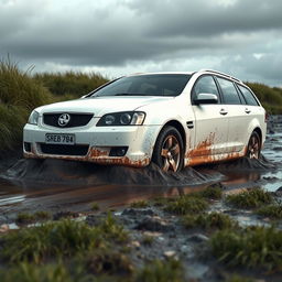 A realistic visualization of a white 2009 Holden Commodore Omega wagon stuck and bogged down in soft, wet, muddy grass