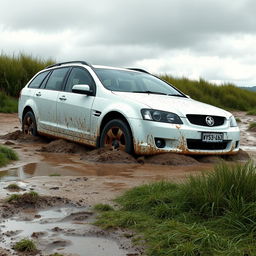 A realistic visualization of a white 2009 Holden Commodore Omega wagon stuck and bogged down in soft, wet, muddy grass