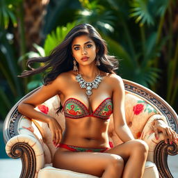 An Indian woman with beautiful, flowing black hair wearing a stylish bikini with intricate Indian patterns and vibrant colors