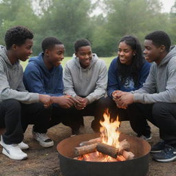 Four dark-skinned teenagers engaged in a lively discussion, seated around a captivating outdoor fire with a blackened, scorched kettle placed over it.