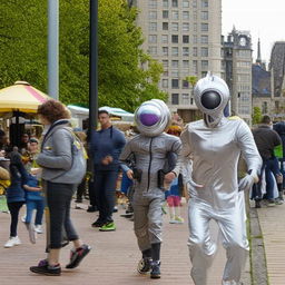 An alien dressed in silver futuristic attire running behind an unsuspecting crowd during daytime.